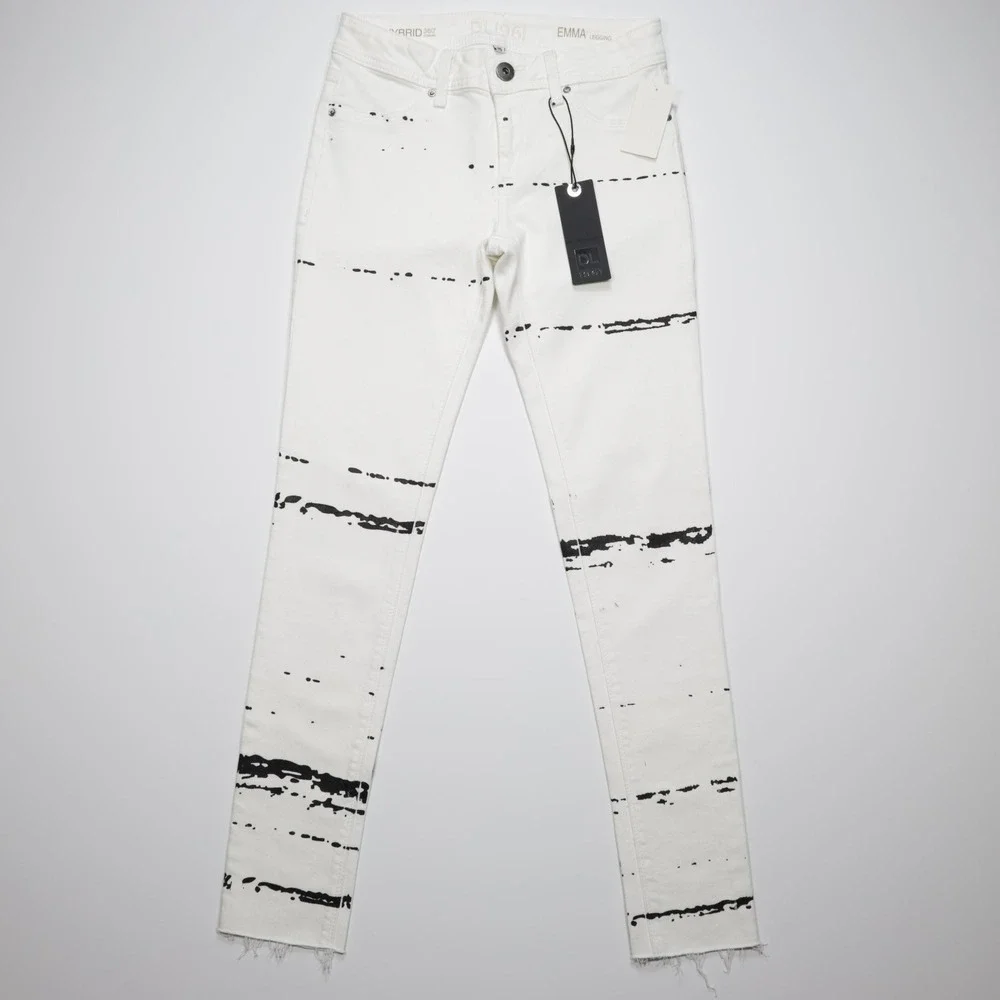 DL1961 Women's Hybrid 360 Splatter Print Skinny Jeans Denim‎ Raw Edge White 25